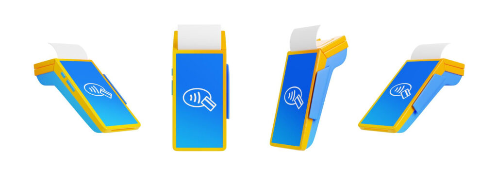 Four different angles of a modern blue and yellow Android POS terminal with a touchscreen and built-in receipt printer.