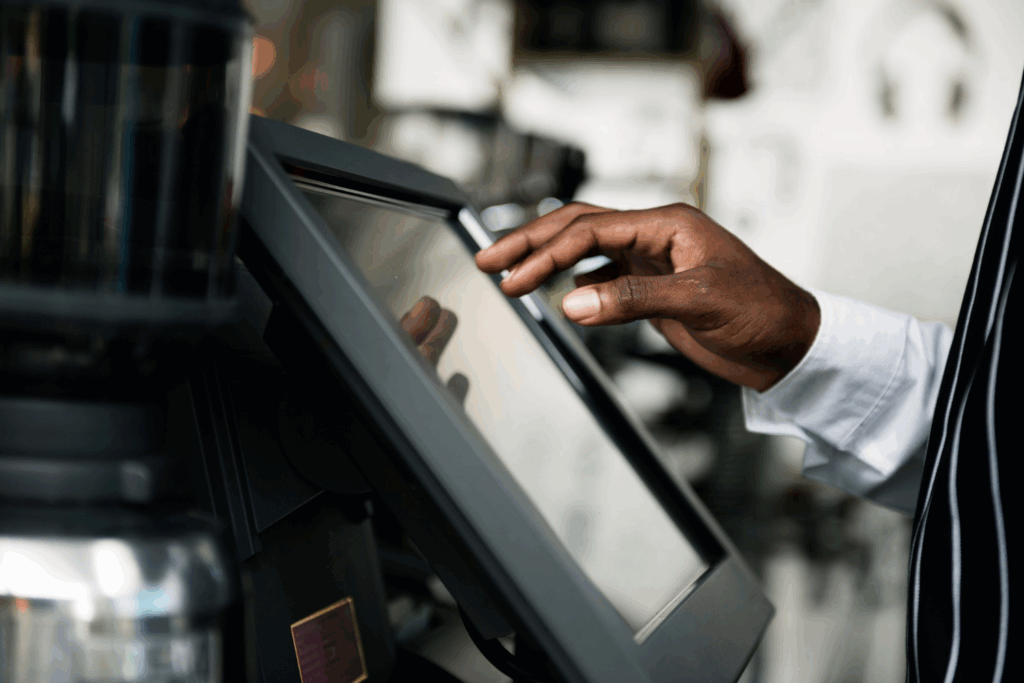 A staff member using a modern touchscreen desktop POS system, a type of POS common in restaurants and retail stores.