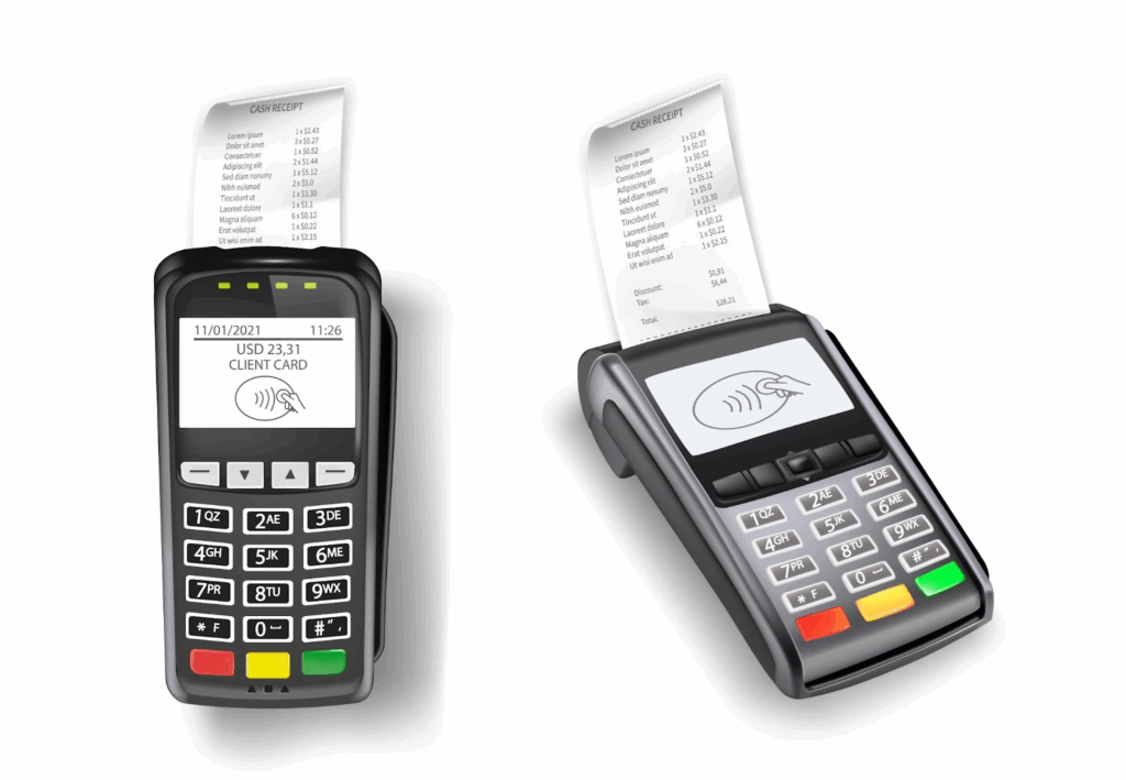 A set of traditional POS terminals with physical keypads printing receipts, one of the classic types of POS machines.