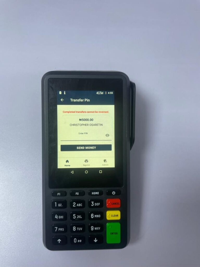 The final security step for a transfer on the Supply Smart POS, prompting the agent to enter their personal PIN to authorize the transaction.