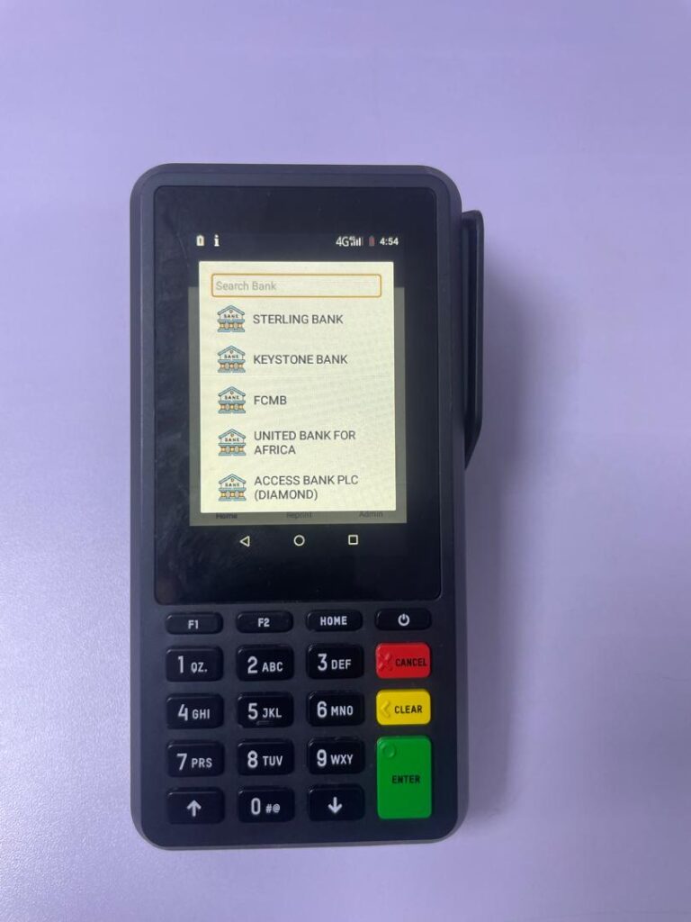 Selecting a bank for a transfer on the Supply Smart POS. The screen lists several Nigerian banks, including Sterling Bank, FCMB, and Access Bank PLC