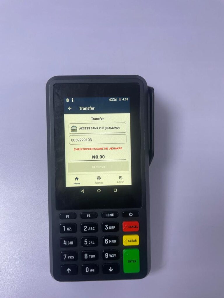 The automatic name verification feature on the Supply Smart POS. The recipient's full name is displayed for confirmation after their account number is entered, preventing transfer errors.
