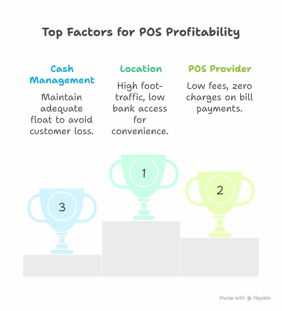 An infographic showing the top 3 factors for POS profitability, ranked on a podium: 1. Location, 2. POS Provider, and 3. Cash Management.